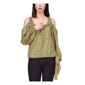 MICHAEL KORS Womens Green Ruffled Tie Detailed Hem Long Sleeve Round Neck Top XS